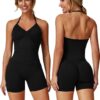 ABOCIW Workout Sets for Women 2 Piece Seamless Impact Longline Strappy Top Halter Sports Bra Scrunch Butt Lifting High Waist Biker Shorts Gym Set Work Out Clothes Black Small