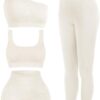 Floraltop 4 Pcs Women's Workout Sets Pilates Exercise Outfit Ribbed Scoop Neck Sports Bra Shorts Leggings Gym Clothes Set
