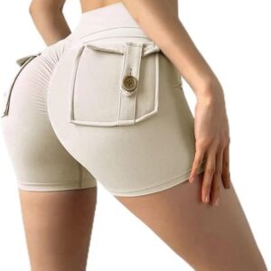 Women Sport High Waist Tights Buttocks Fitness Workout Leggings Push Up Cycling Shorts Gym Clothing with Pocket (as1, Waist, Numeric_48, Short, Ivory White, Small, Fitted)